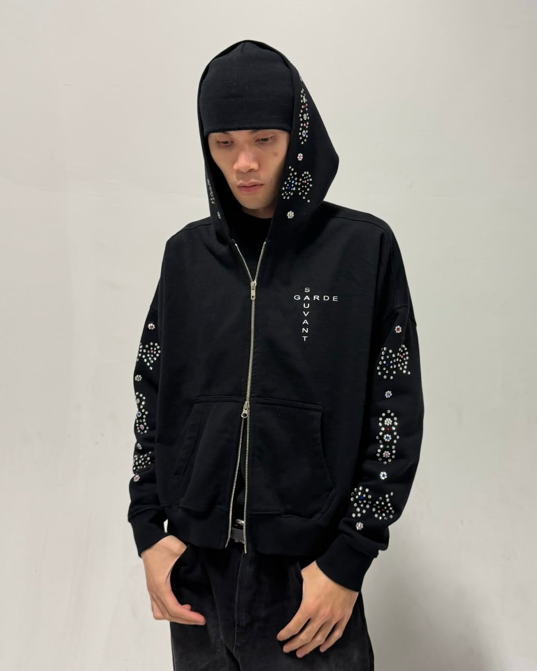 Embellished Black Zip Up Hoodie