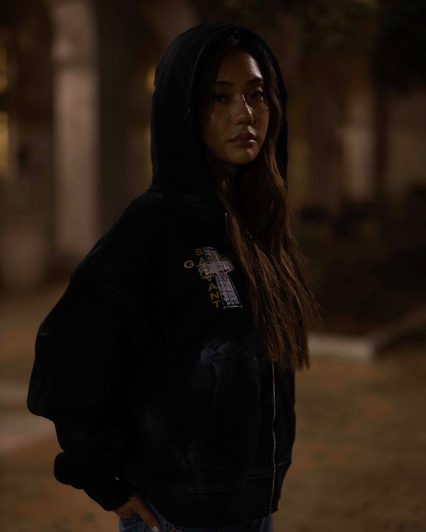 Distressed Black Zip Up Hoodie