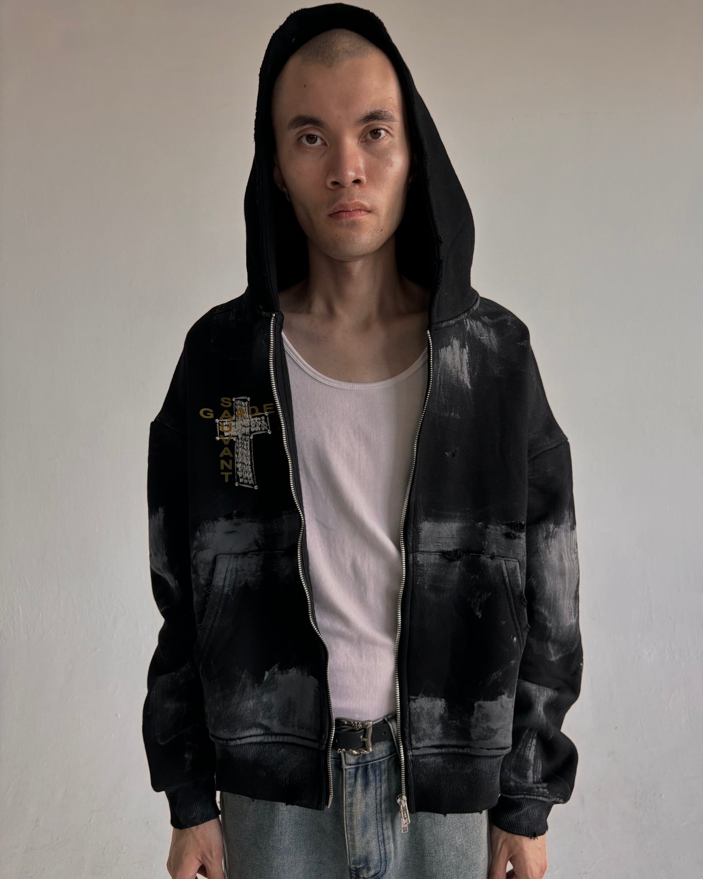 Distressed Black Zip Up Hoodie