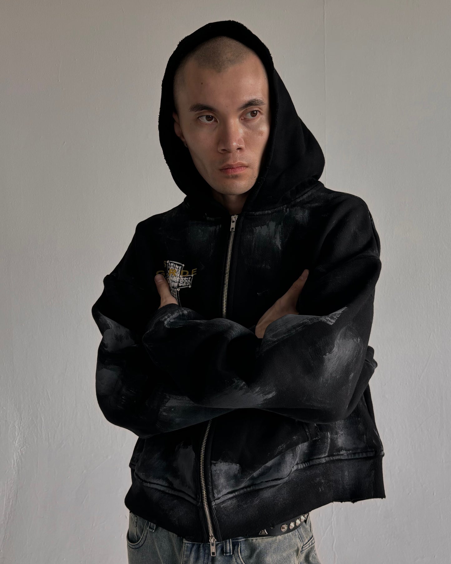 Distressed Black Zip Up Hoodie