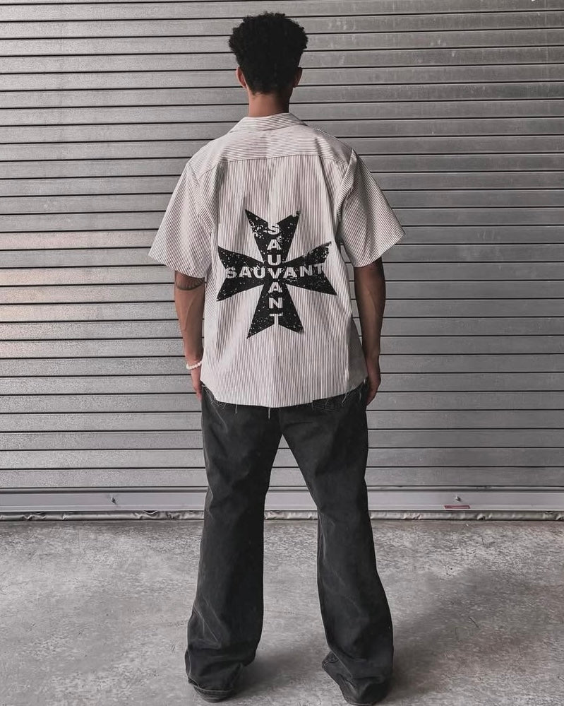 Star Pin Stripe Button Up Tee Shirt