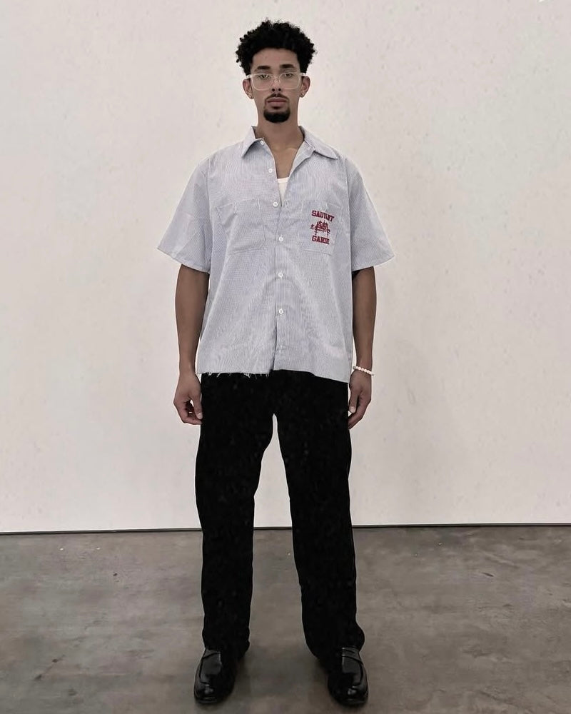 Logo Pin Stripe Button Up Tee Shirt