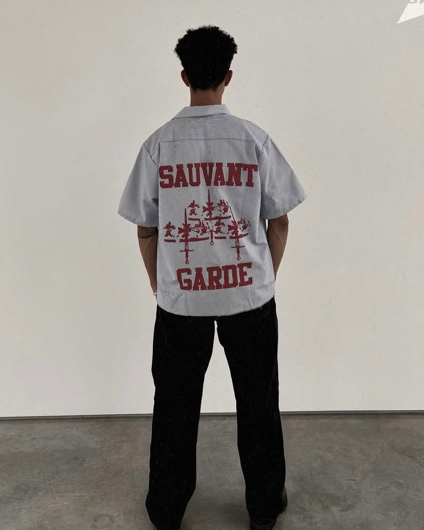 Logo Pin Stripe Button Up Tee Shirt